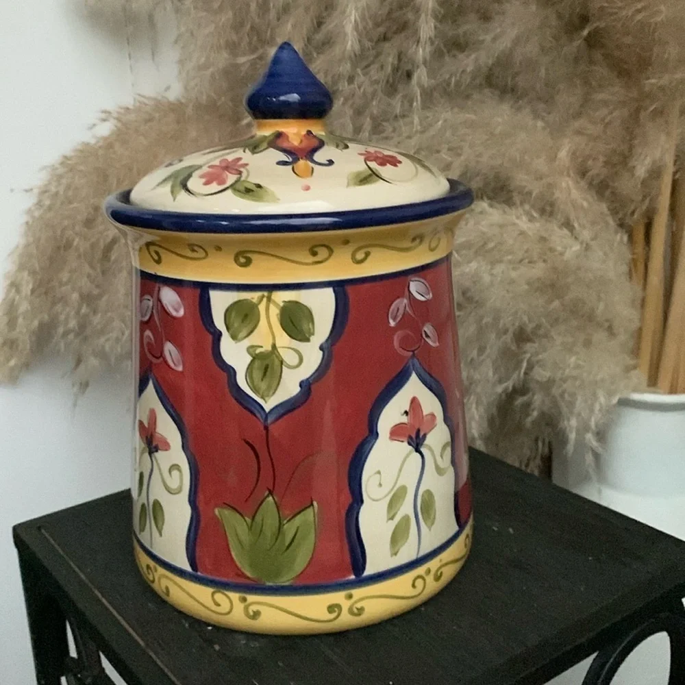Pier 1 Vallarta Cookie Jar Canister Hand Painted Floral ceramic‎ food storage